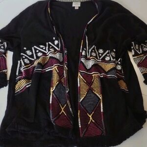 Knox Rose Women's Black Cardigan Boho Style Embroidered Fringe Open Front